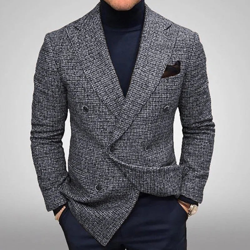 Men's loose casual plaid jacket in gray with side pockets, knitted polyester fabric, slim fit