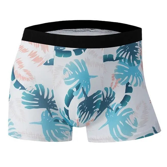 Men's Ice Silk printed underwear in floral design showing mid waist fit.
