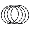 Set of four coloured nylon wheel hub guard rings in sizes 16 to 20 inches.