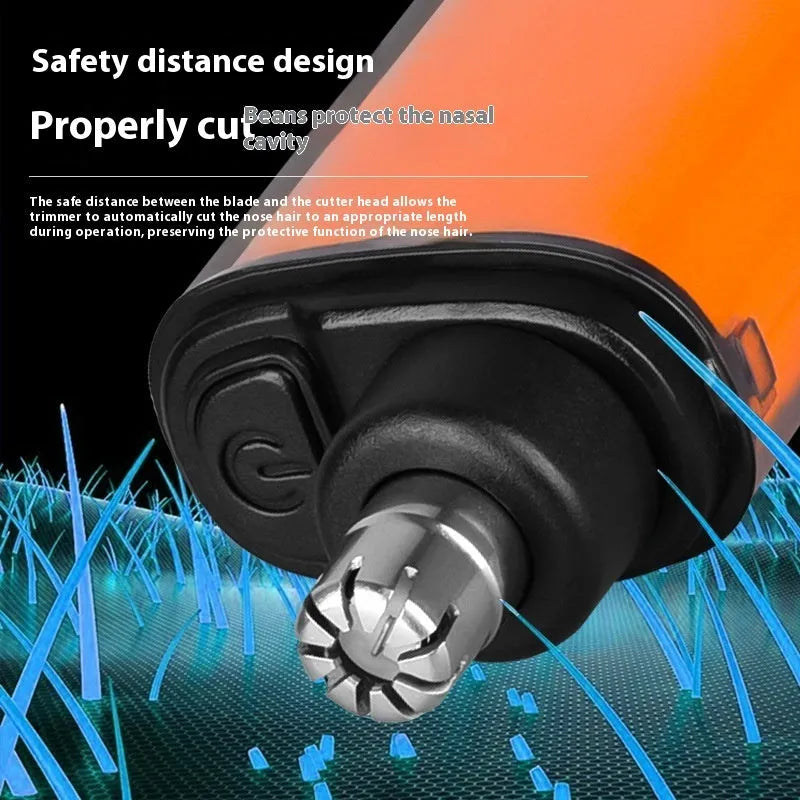 Rechargeable nose hair trimmer with digital display, shown in black, blue, and orange colour options.