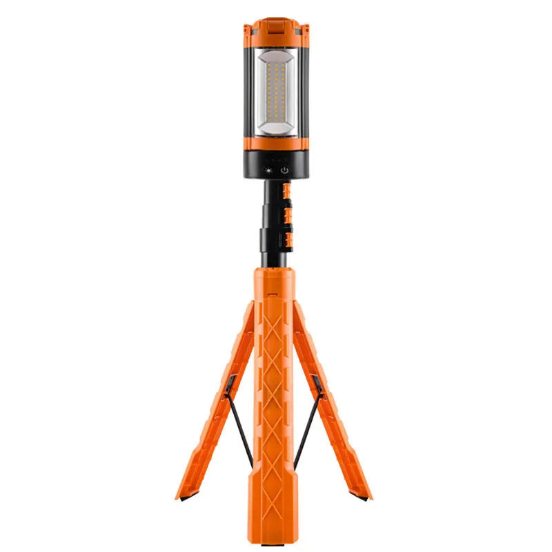 Retractable folding charging camping lantern in black and orange with bracket, measuring 58.2cm x 20cm x 9.4cm.