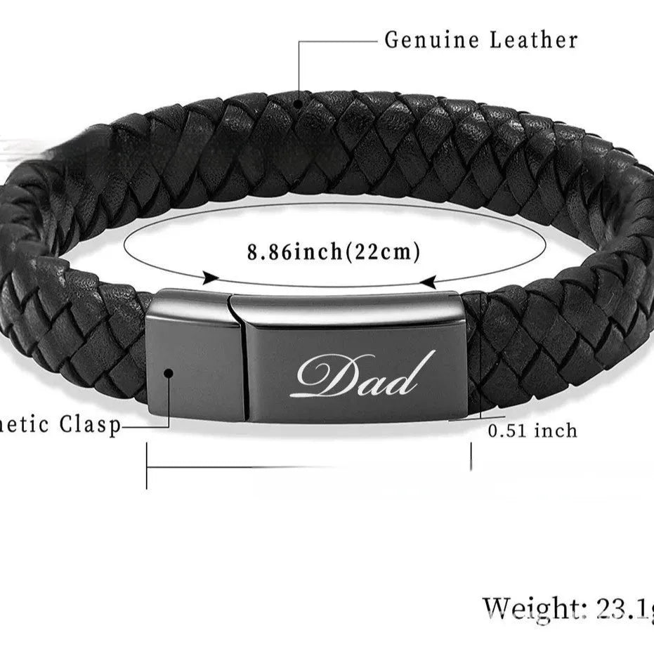Black stainless steel memorial bracelet with leather weaving and engraved text