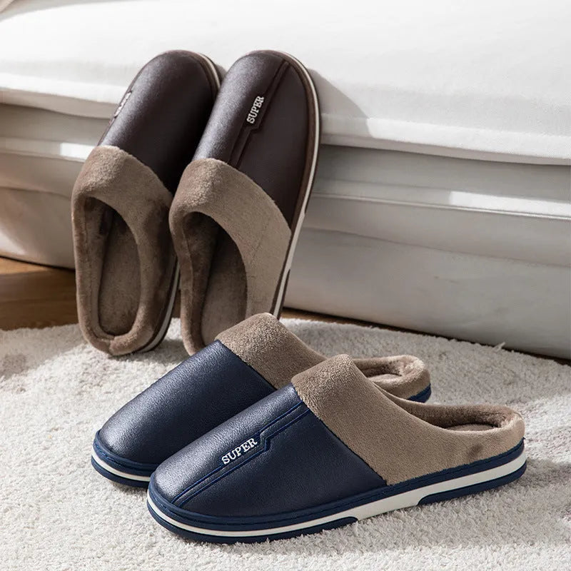 Men's winter slippers with artificial PU upper, rubber sole, 3cm heel, brown or dark blue, sizes 40-50