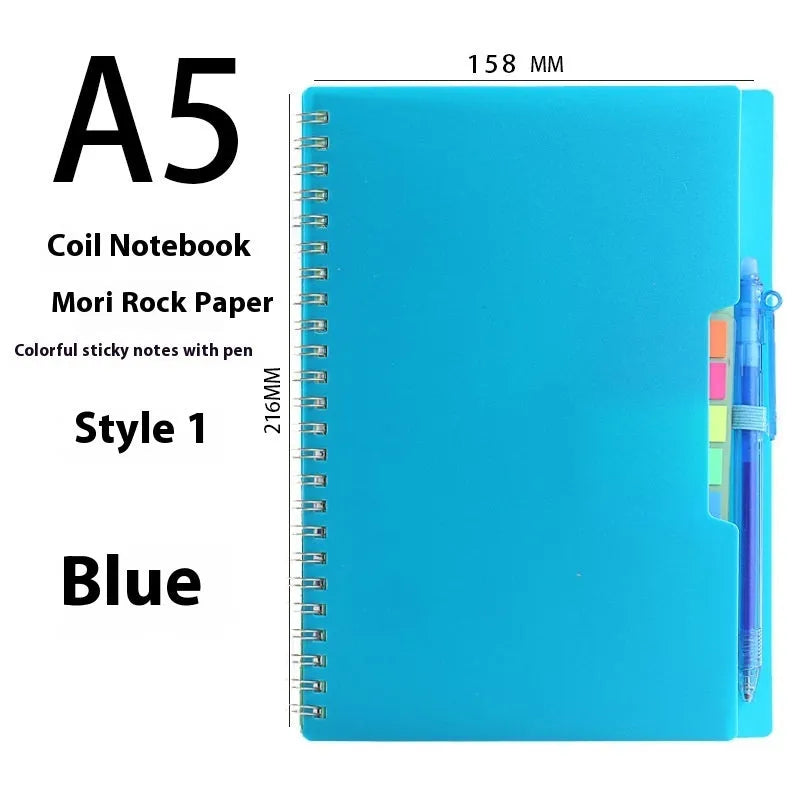 Erasable coil notebook with customisable cover options, featuring waterproof rock paper and included pen