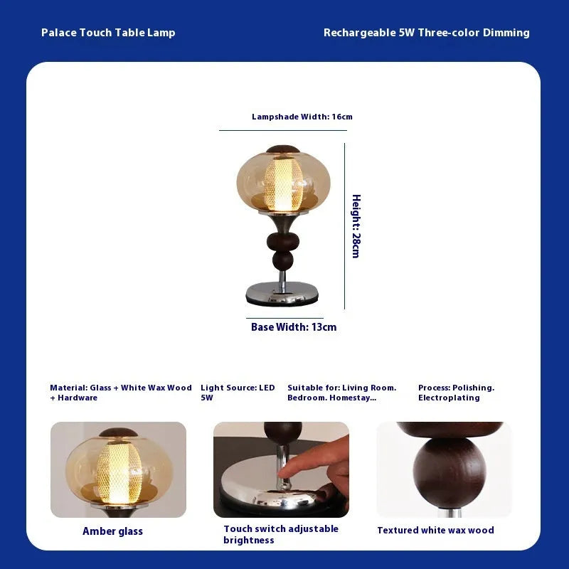 Solid wood palace style table lamp with touch switch for colour changing and dimming.