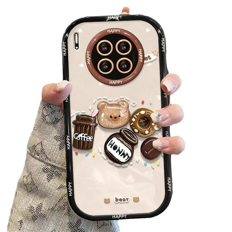 Coffee bear 3D doll pendant drop-resistant silicone phone case for Apple iPhone in cream black