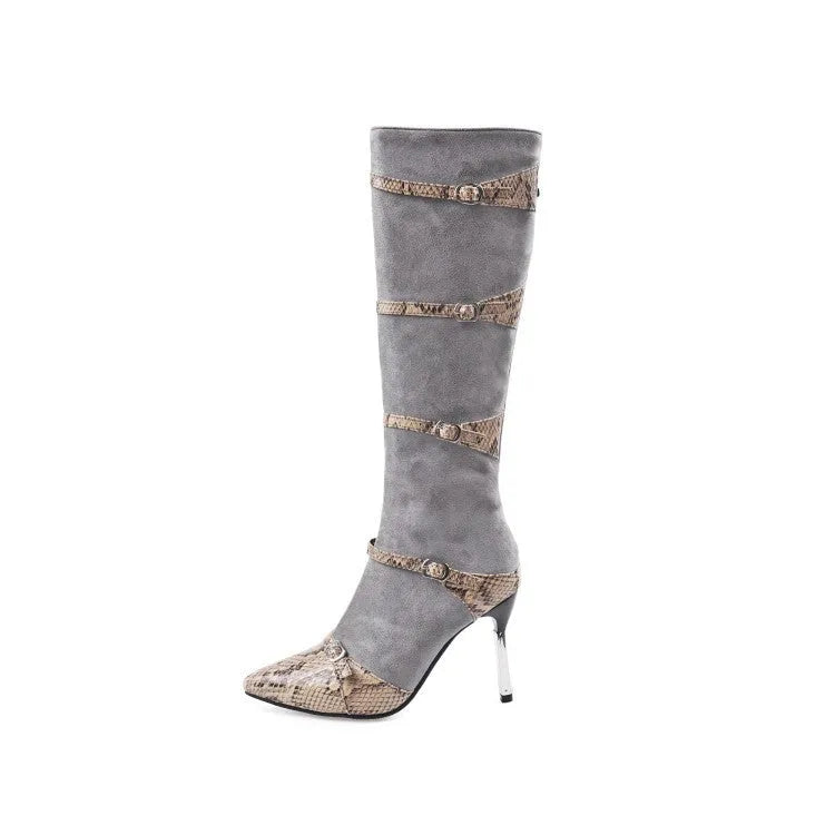Grey and black women's knee-high boots with a thin high heel on a rubber sole.