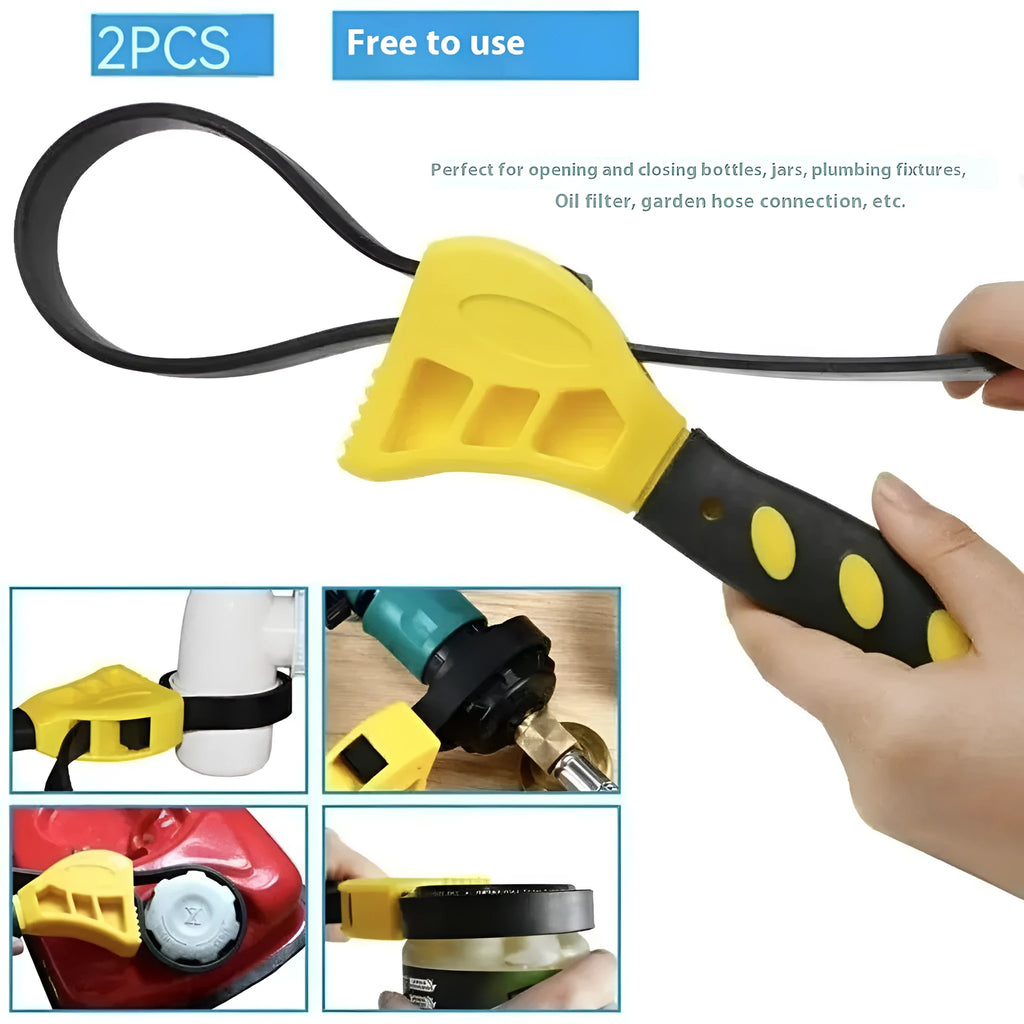 A 6 inch and 8 inch rubber strap wrench set with adjustable straps and phosphated metal finish.