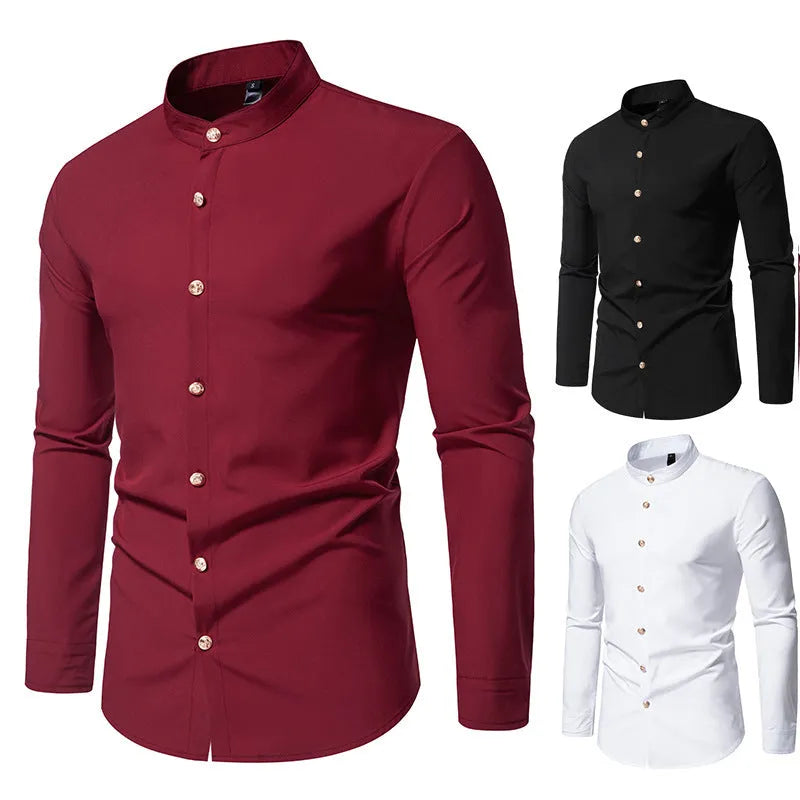 Men's solid colour party shirt with metal buttons, long sleeves, regular fit, in black white wine red