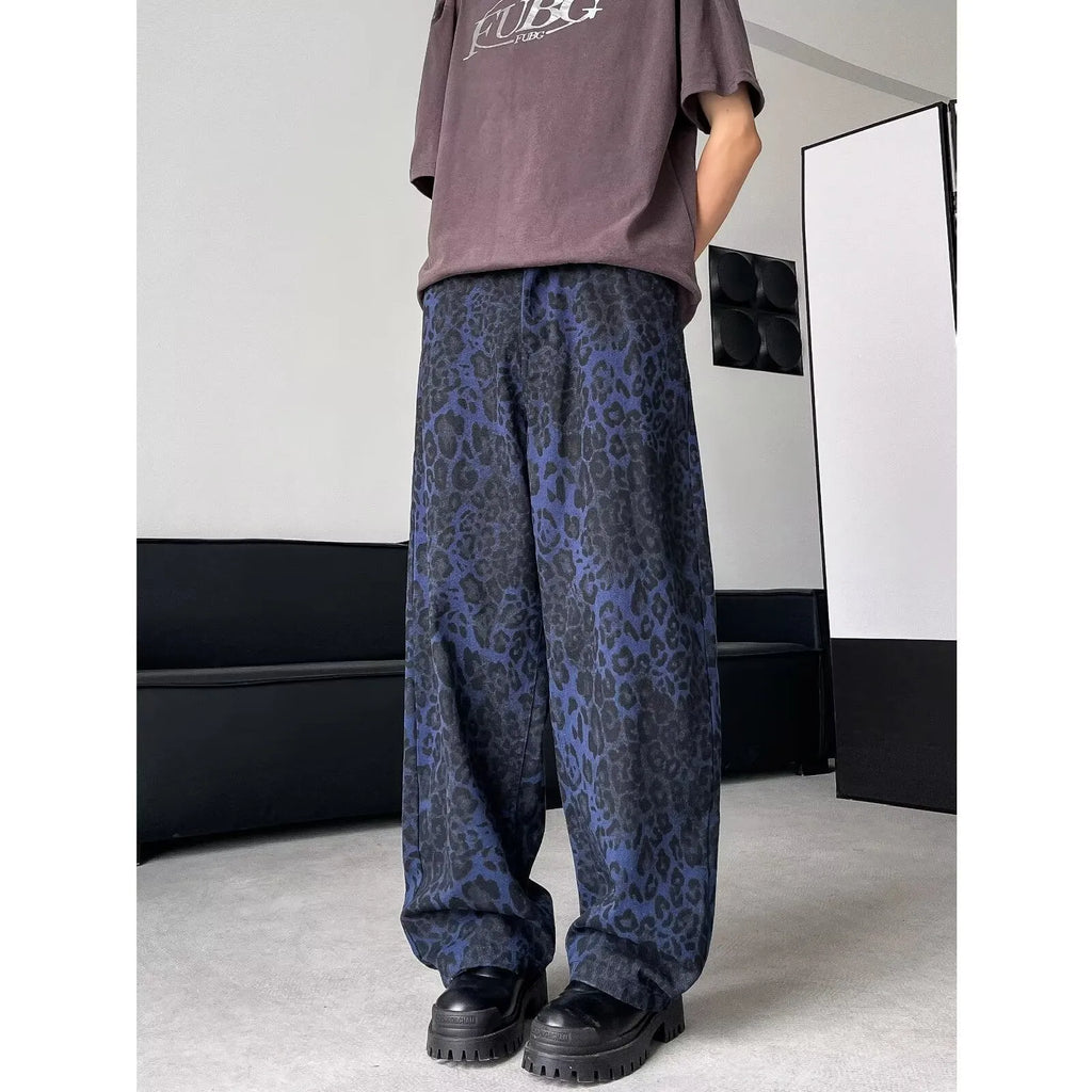 American Retro blue leopard print wide-leg cotton trousers for teenagers, loose straight cut with zipper fly
