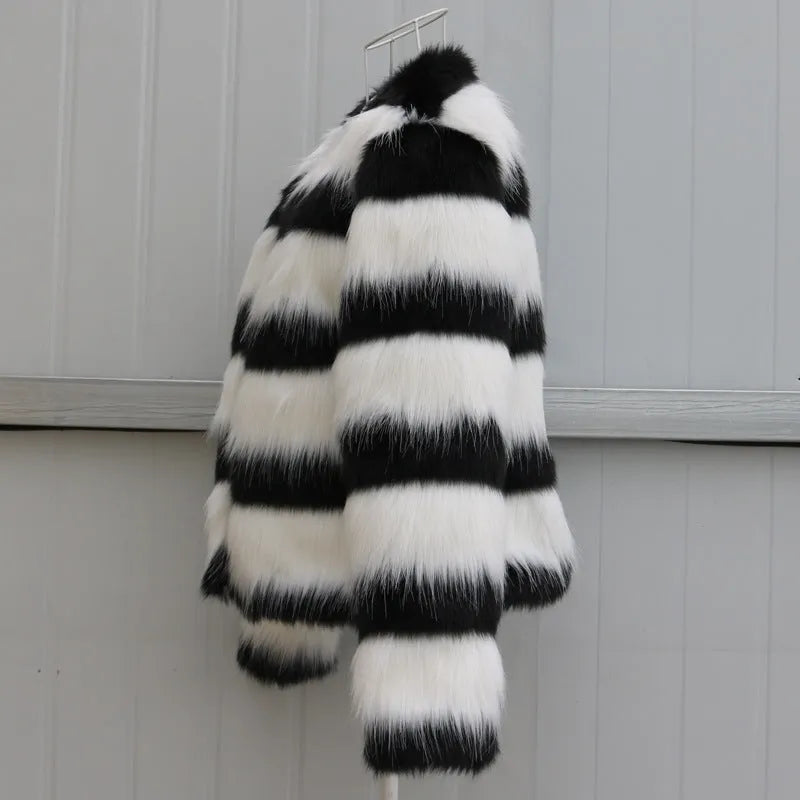 Black and white striped faux fur leather jacket for women, long sleeved