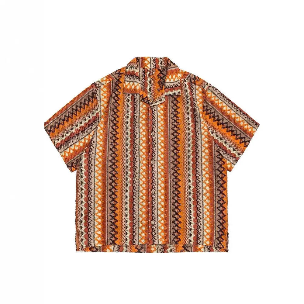 Ethnic style Cuban collar shirt with contrast colour detailing and drop-shoulder sleeves