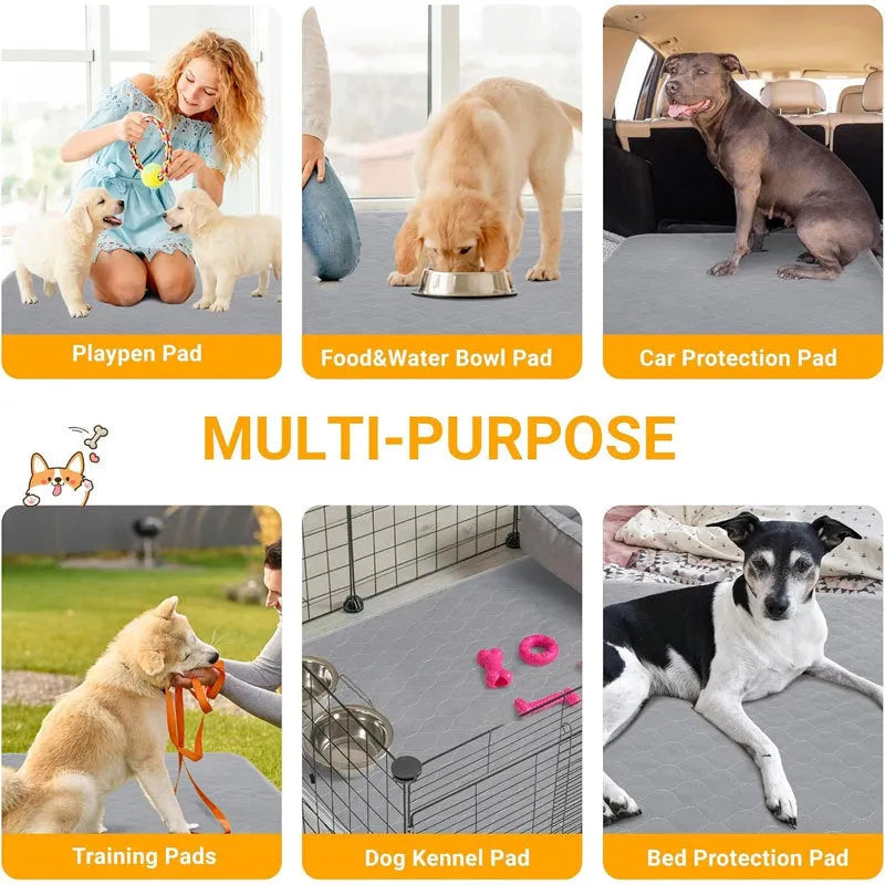 Grey and tan washable dog pee pads measuring 18x24 inches with triple-stitch binding