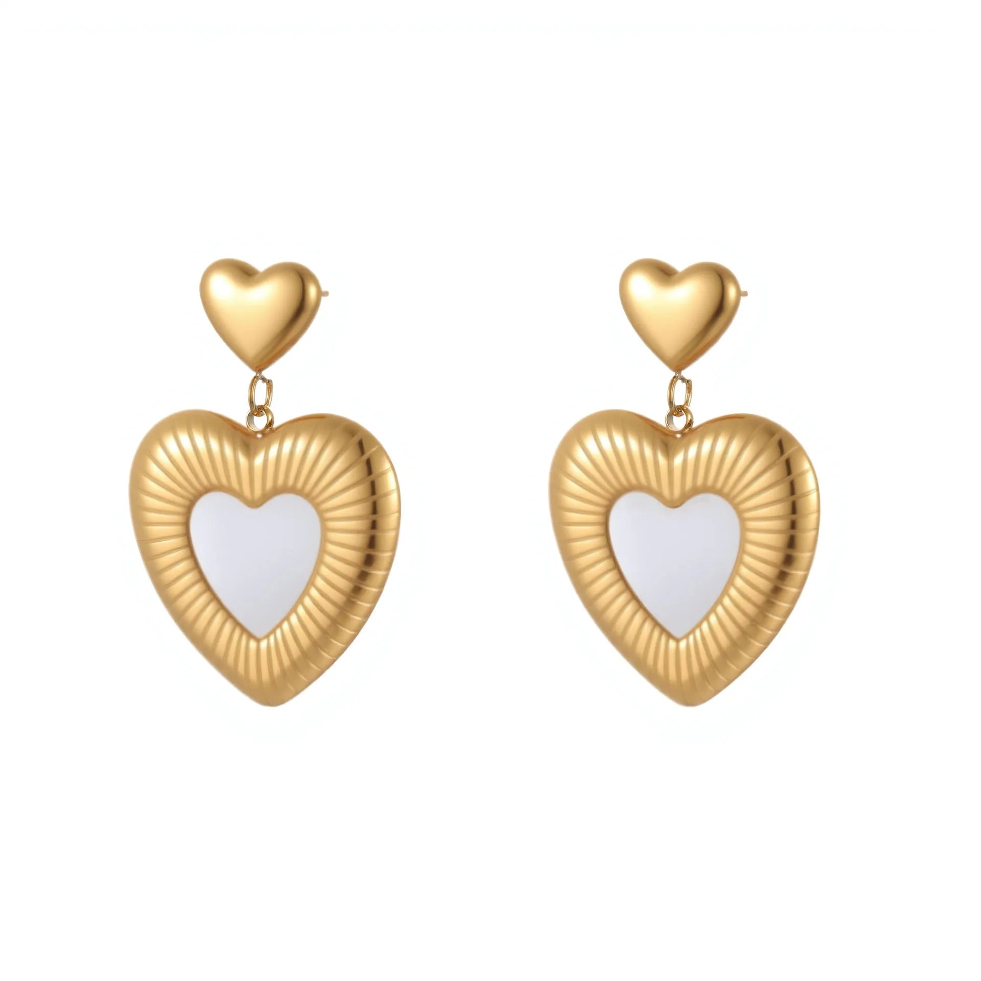 Women's gold electroplated heart-shaped earrings with fritillary design on stainless steel