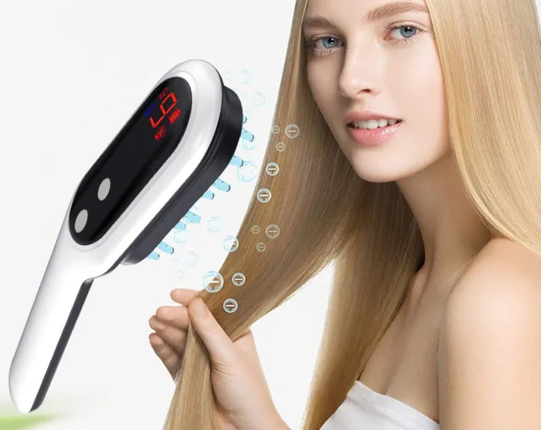 White electric head massager comb with red and blue light therapy, 26 massage contacts, and LED display.