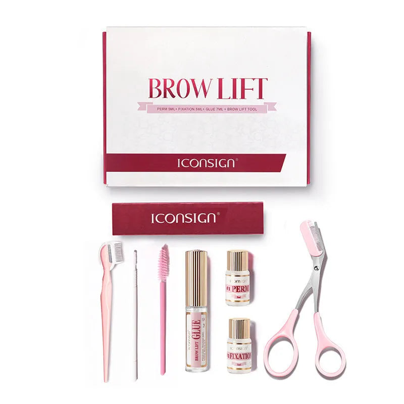 Pink eyebrow perm set with ironing tools for brow straightening and keratin styling treatments