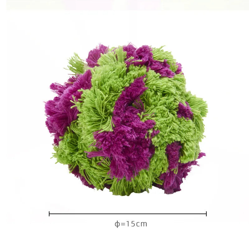 Purple plush dog chew toy with seaweed ball knot design measuring 15cm diameter