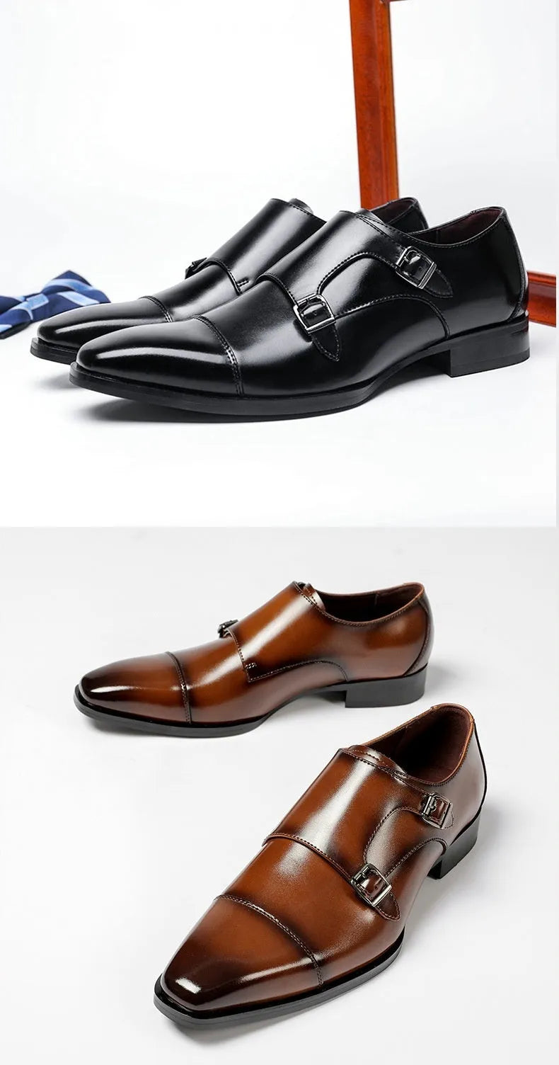 Men's black and light brown leather business shoes with square toe design and rubber sole