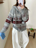 Loose fit brocade sweater coat for women in grey with geometric pattern.