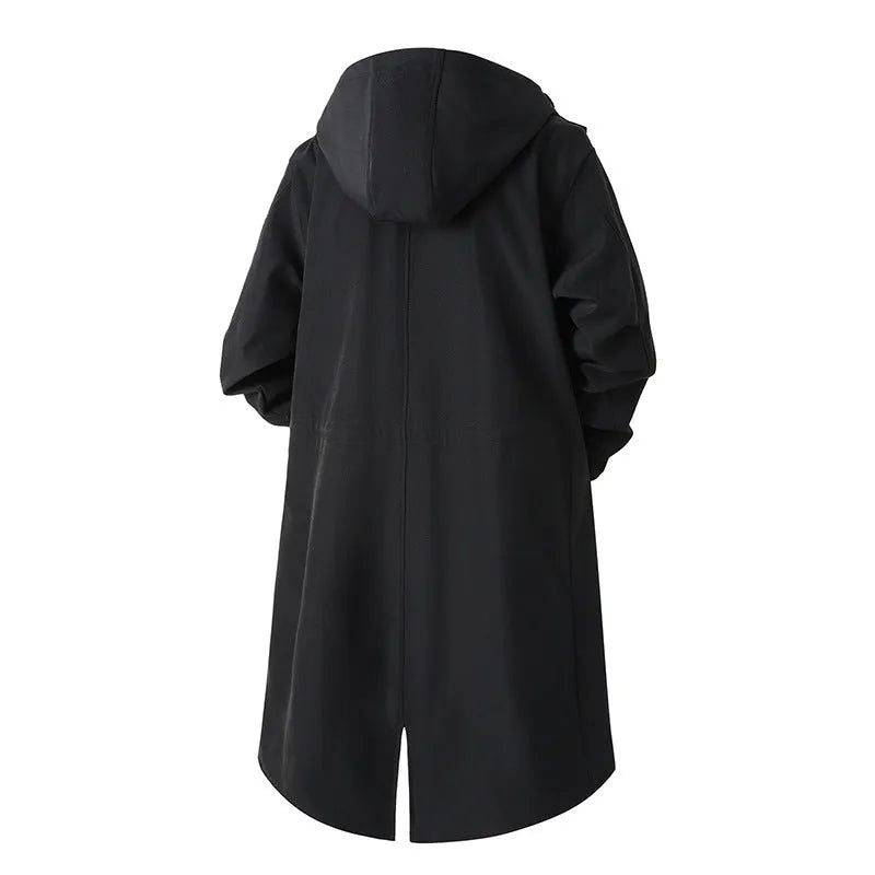 Men's hooded mid-length trench coat in black, dark grey or khaki, polyester, 65cm length, sizes M to 3XL