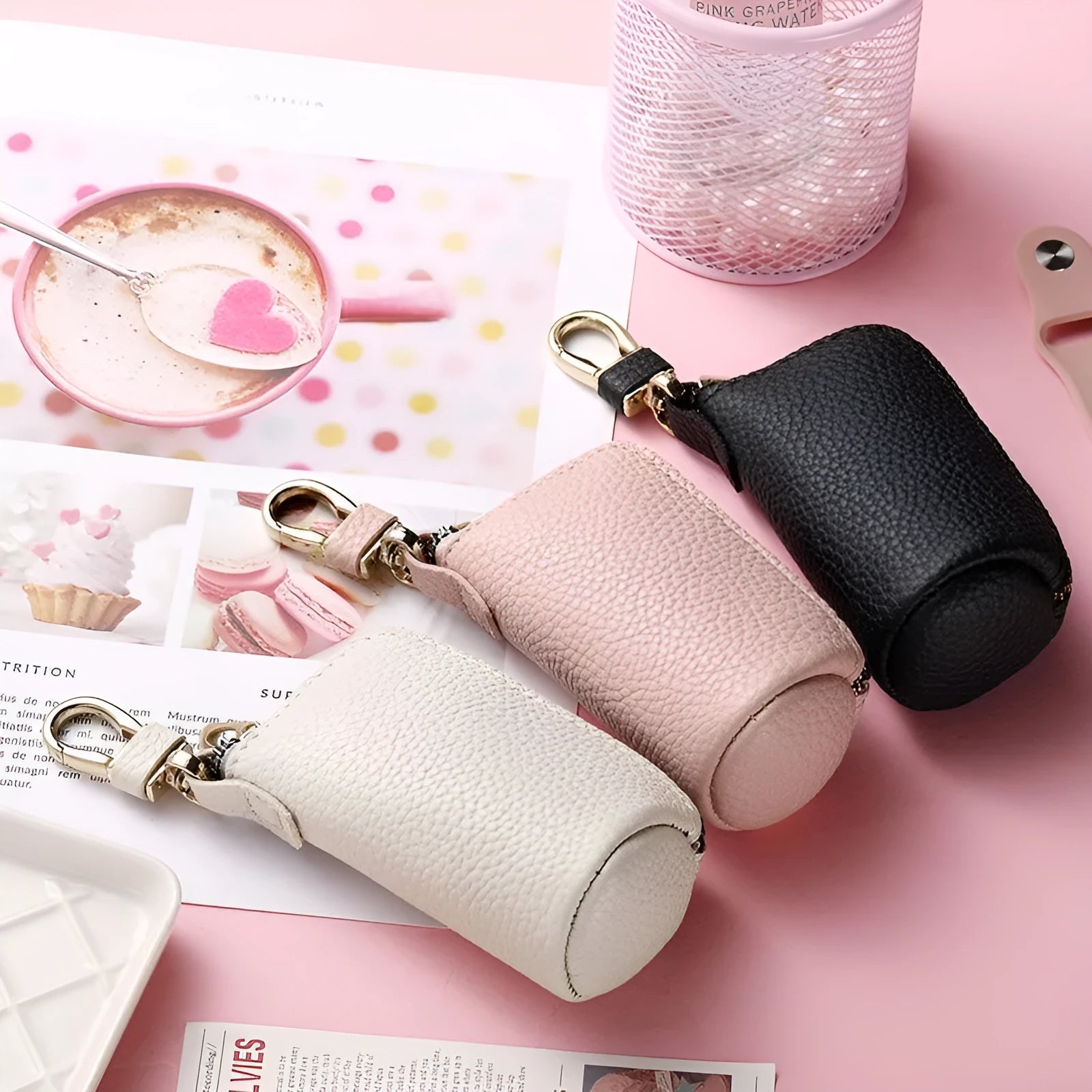 Men's black PU leather zipper key ring case showing waterproof key organiser with car keys