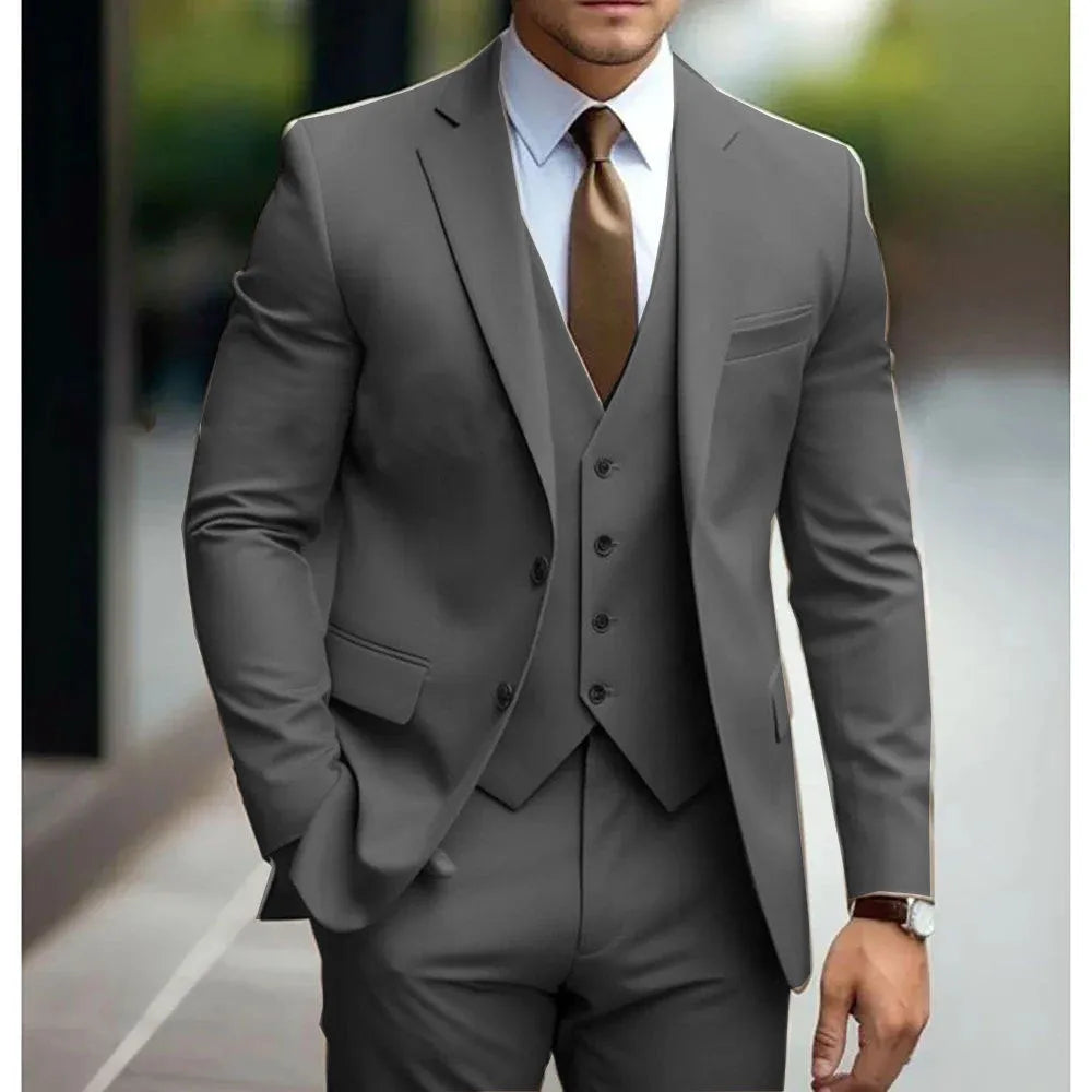 Men's three-piece slim fit wedding suit in champagne with coat, vest, and trousers