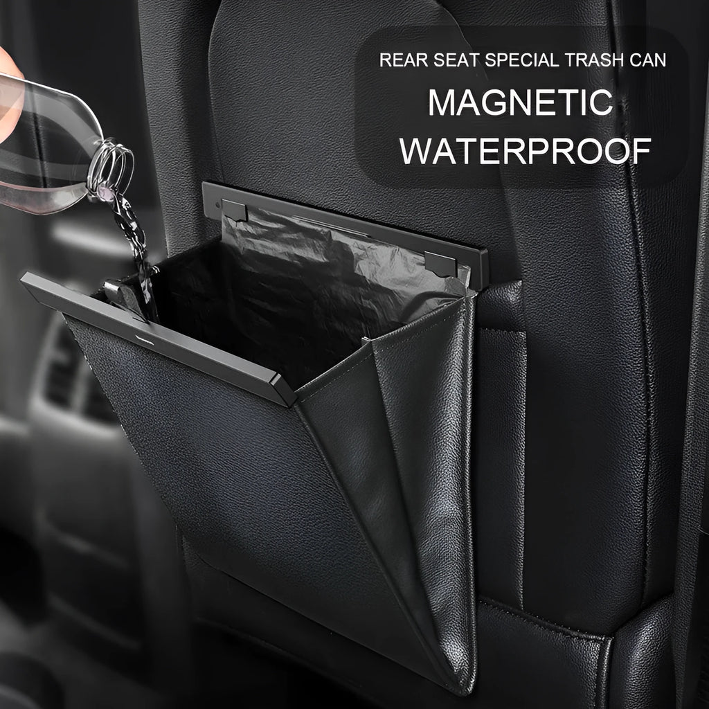 Black PVC car trash bag with magnetic closure, 360x290x45mm, for in-car suspension