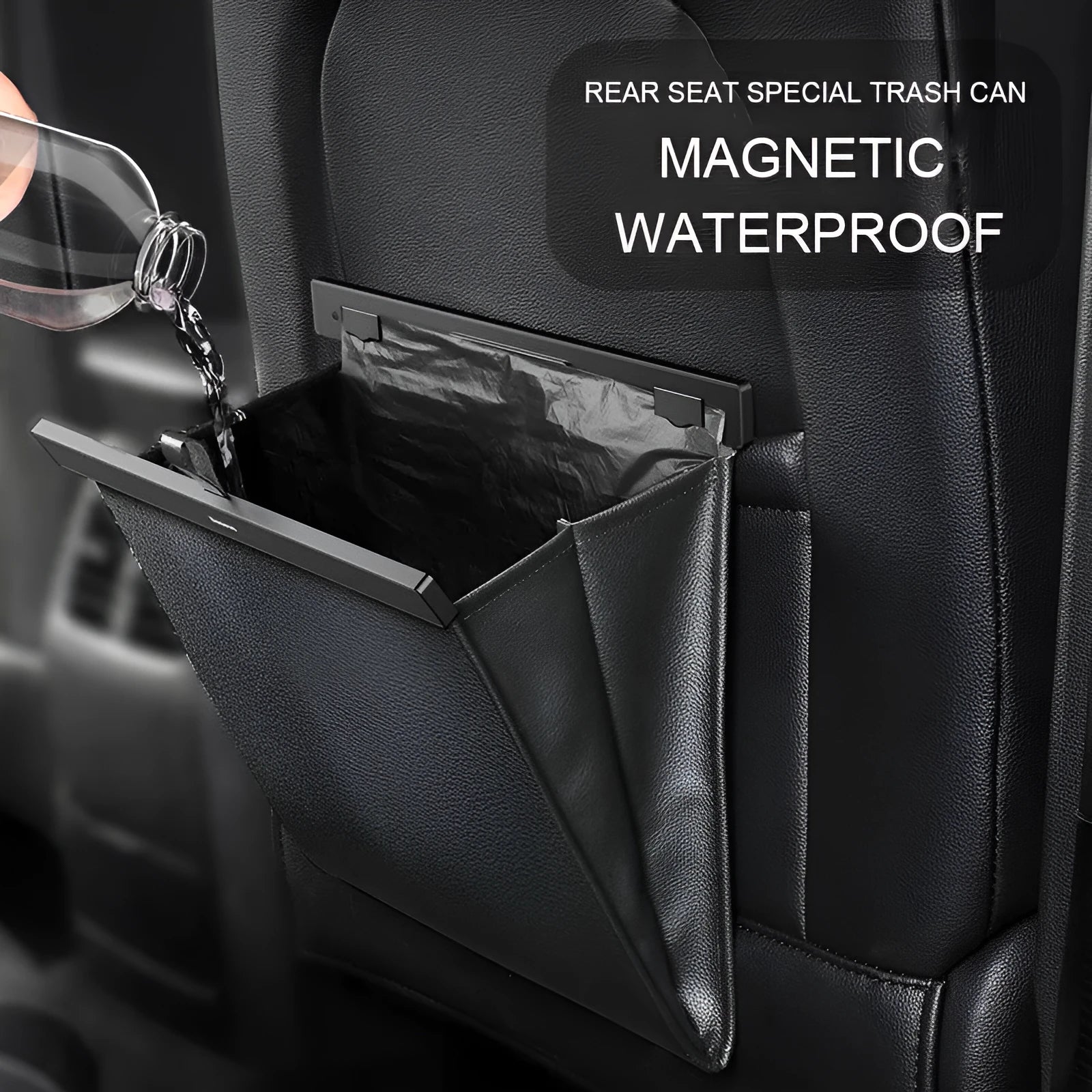 Black PVC car trash bag with magnetic closure, 360x290x45mm, for in-car suspension
