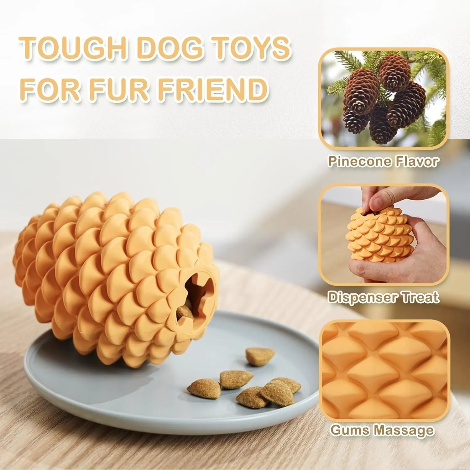 Yellow pine cone-shaped natural rubber dog chew toy with treat dispenser hole