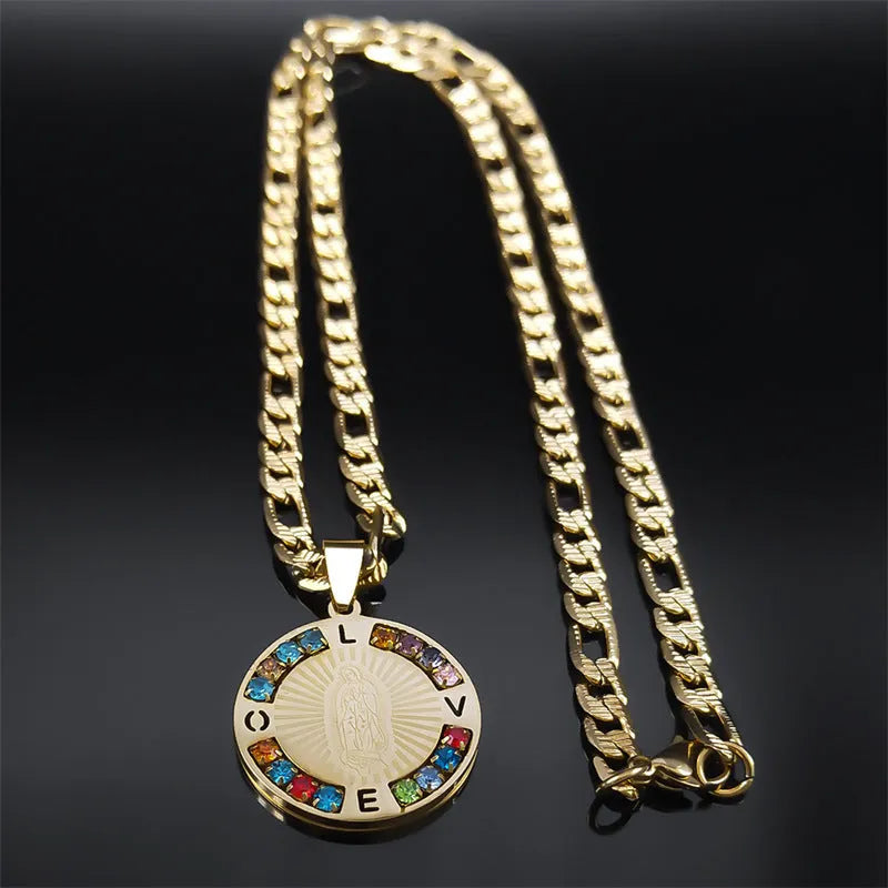 Colour crystal necklace titanium steel electroplated finish geometric shape gold and steel colour unisex