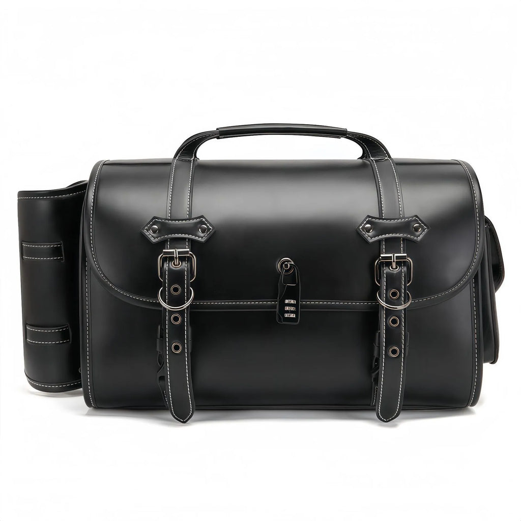 Dark punk style PU leather motorcycle side bag with lockable zippers.