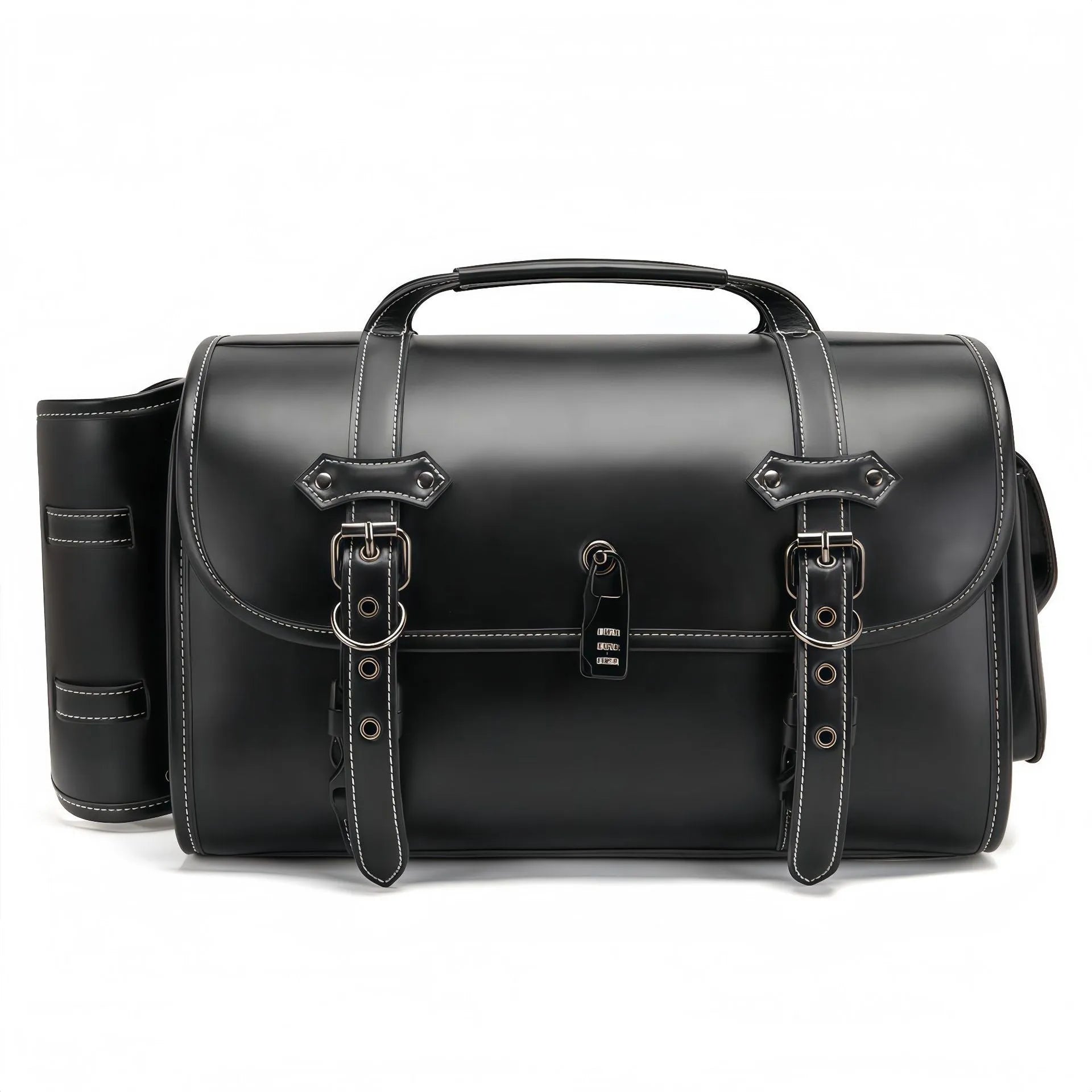 Dark punk style PU leather motorcycle side bag with lockable zippers.
