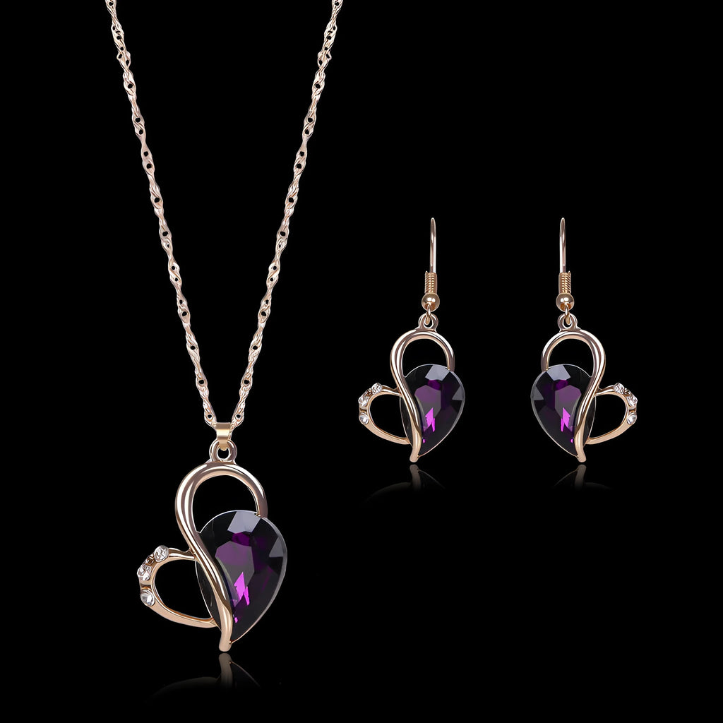 Rose gold alloy heart pattern necklace and earrings set with water wave chain