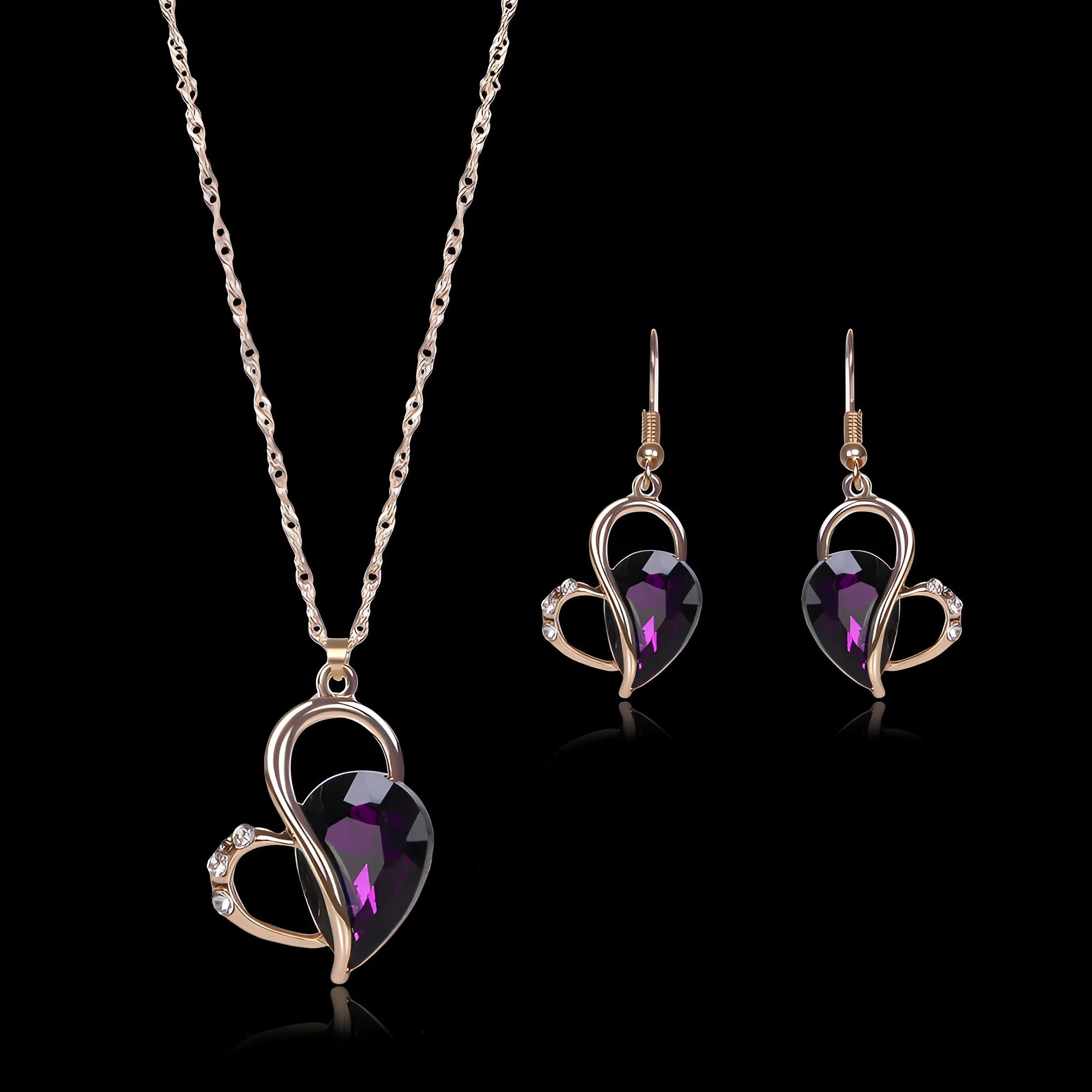 Rose gold alloy heart pattern necklace and earrings set with water wave chain