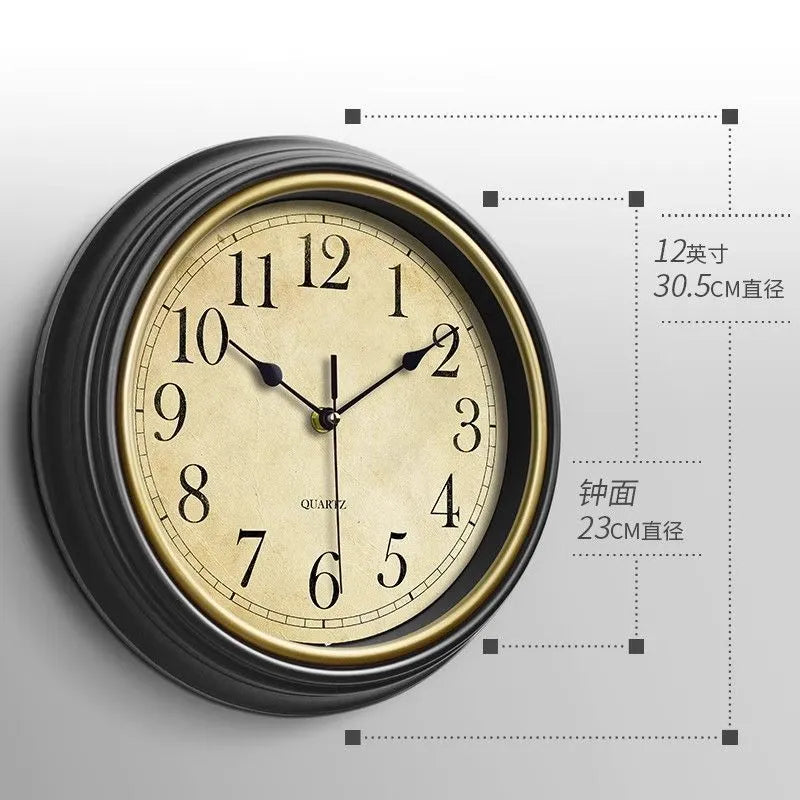 American retro noiseless wall clock 12 inch diameter 29cm glass shell punch-free golden circle Arabic numerals
