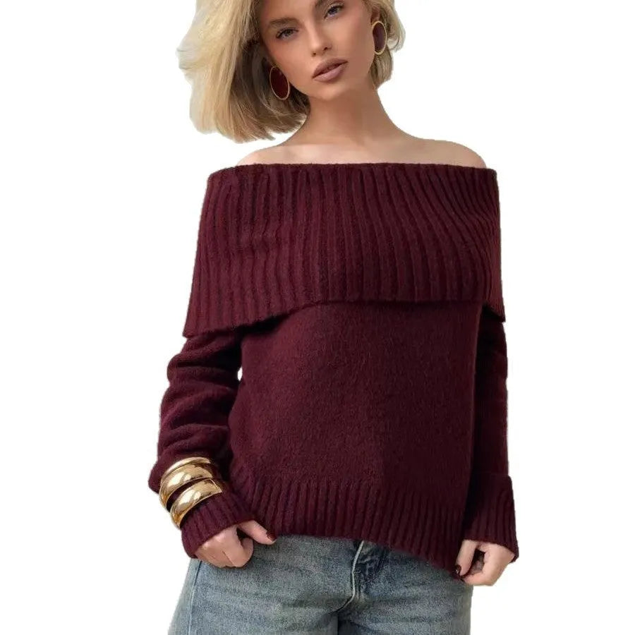 Grey off-the-shoulder strapless pullover sweater with 3D pattern and regular sleeves