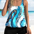 Blue tie-dyed floral women's swimsuit with split design in polyester fabric, plus sizes 1XL to 5XL