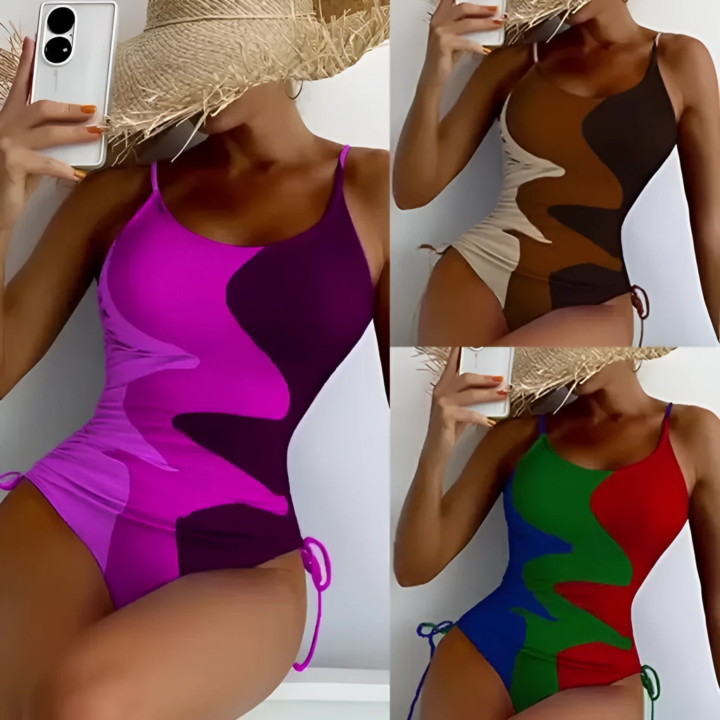 Women's blue sleeveless one-piece swimsuit with fixed swimming trunks on a white background.