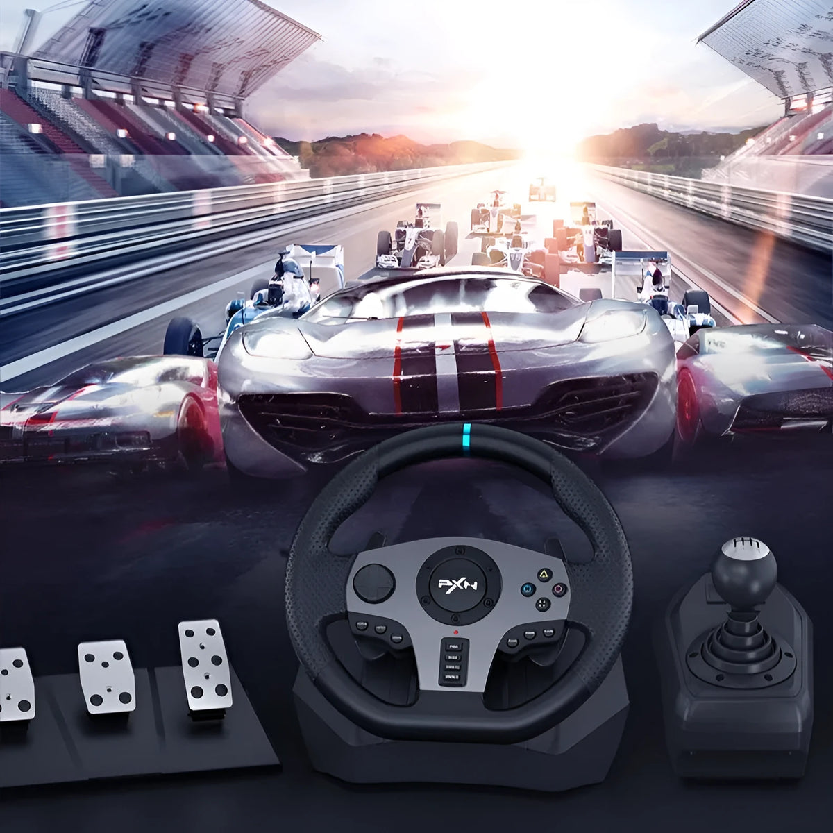 PXNV9 racing game aiming wheel with pedal and gear, USB compatible with PC, PS3, PS4, Xbox One, Switch