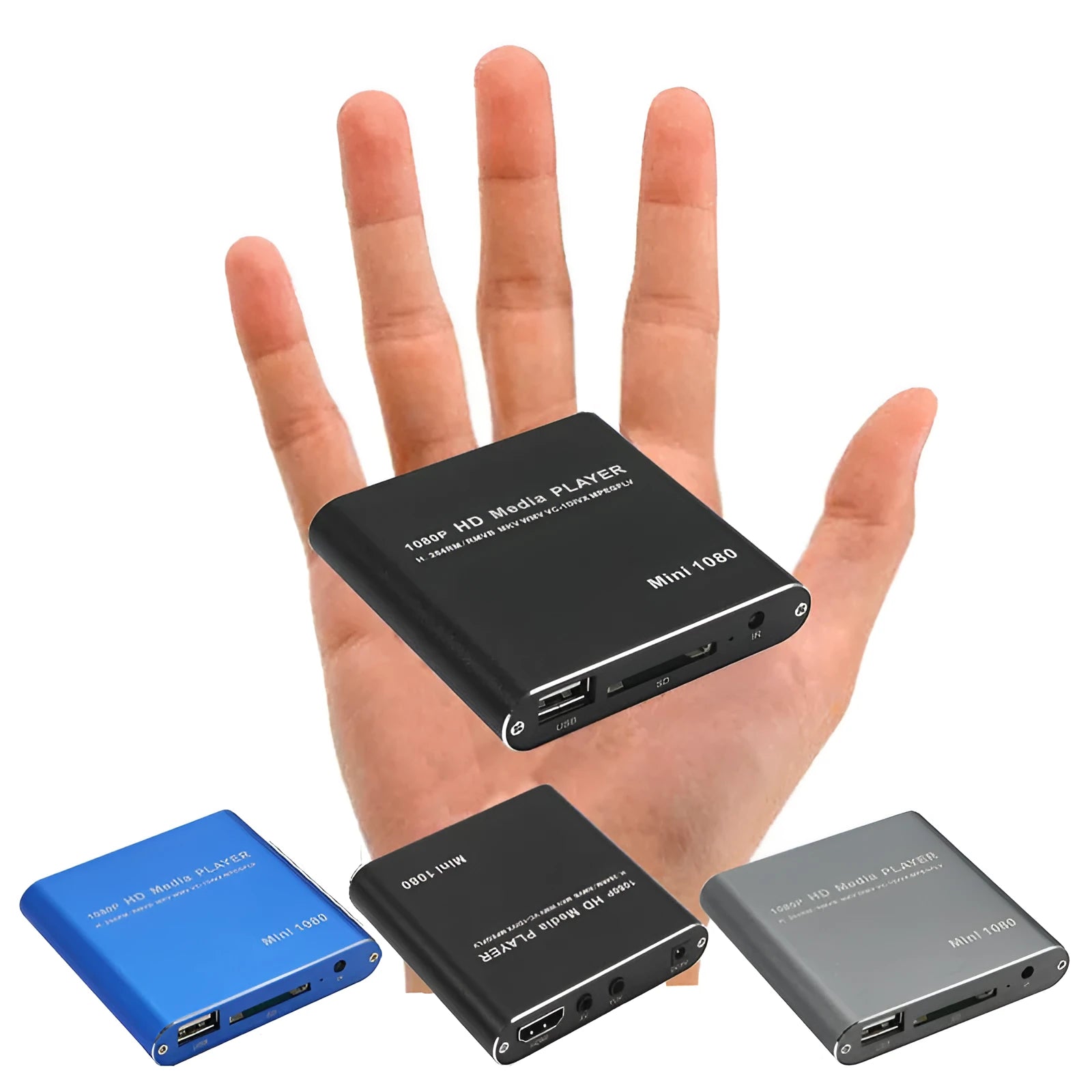 1080P Full HD media player in black or blue with HDMI port, SD card slot, and USB inputs