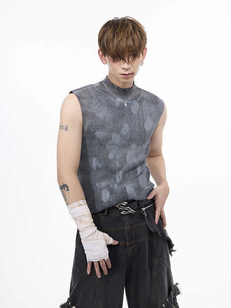 Men's black and silver pastebrushing wool sleeveless vest with a stand turtleneck collar.