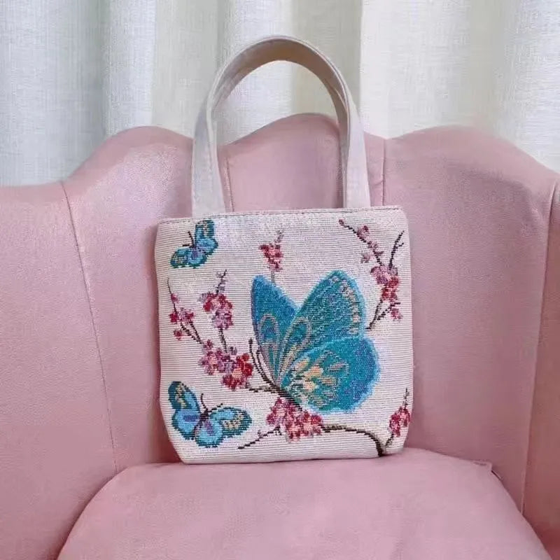 Double-sided gold wire embroidered medium canvas handbag with inner compartment