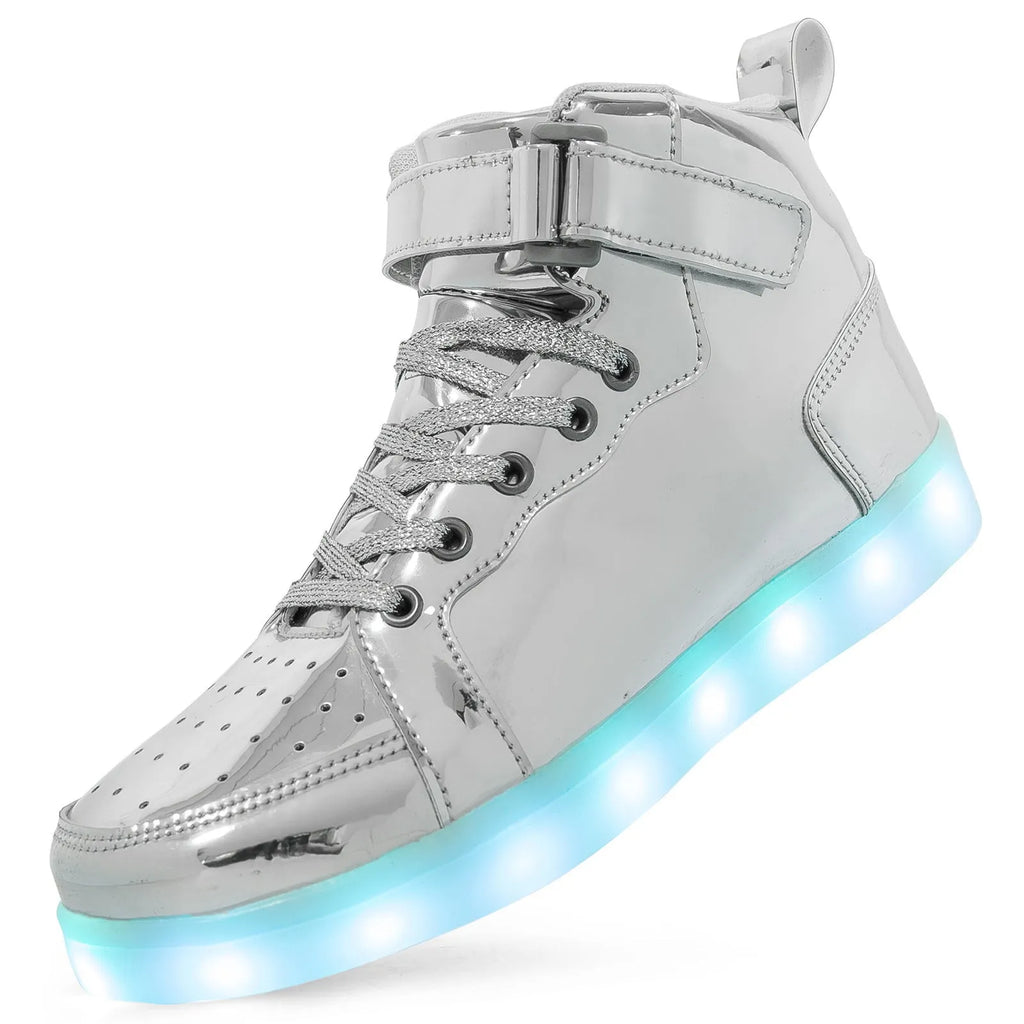 Black high-top LED light-up shoes with Velcro straps and a rubber sole.