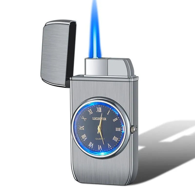 Windproof torch lighter with watch design, zinc alloy body, black brushed finish, 76x38x155mm