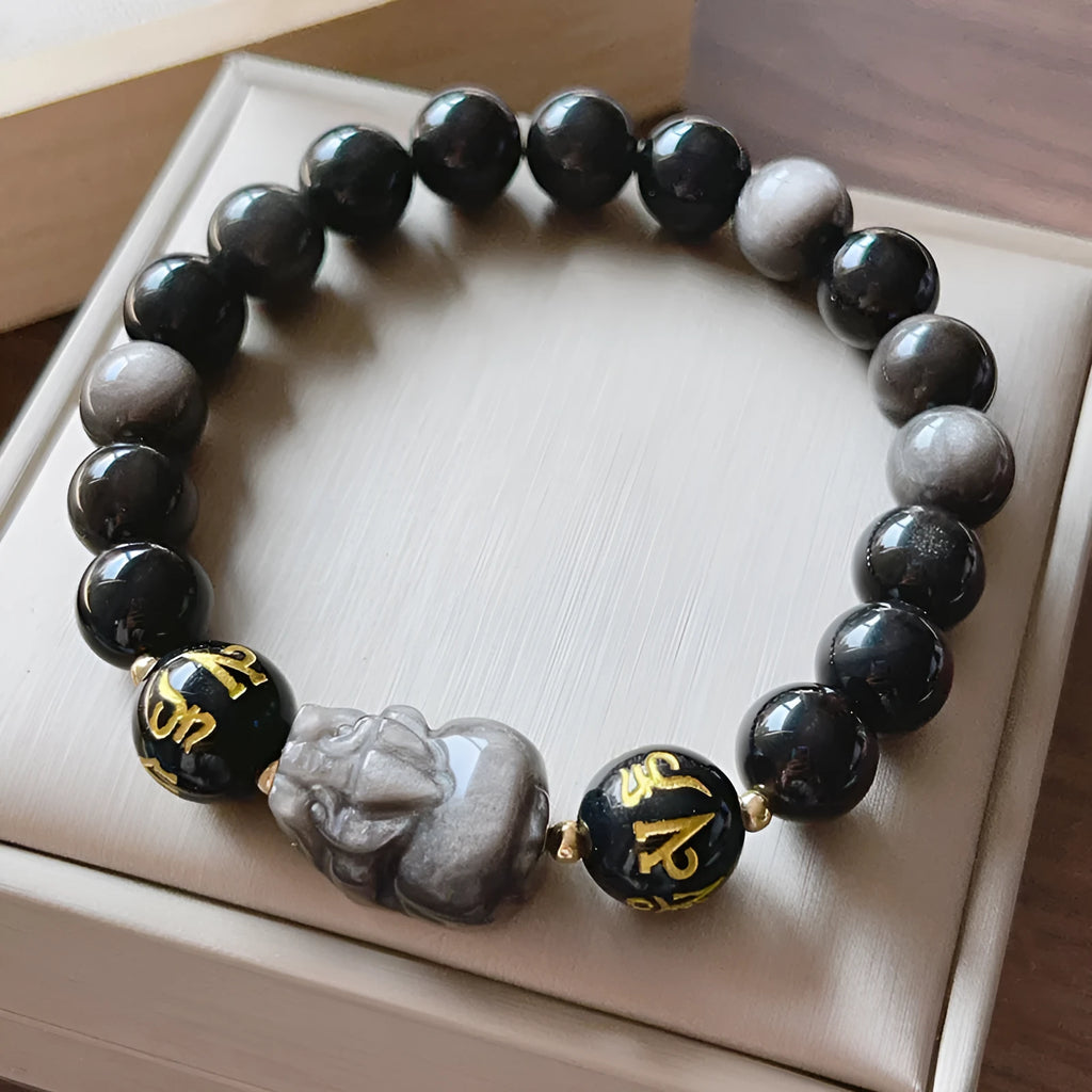 Men's Silver Stone bracelet with beaded design in Chinese style