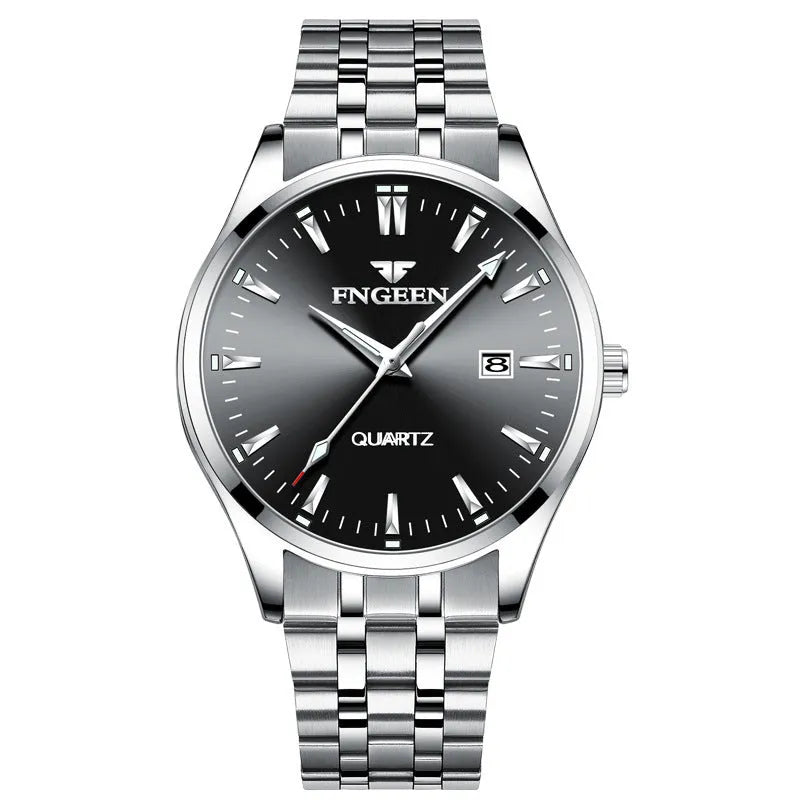 Men's quartz watch with 10mm thick case, stainless steel back, coated glass mirror, available in black or white steel and black leather.