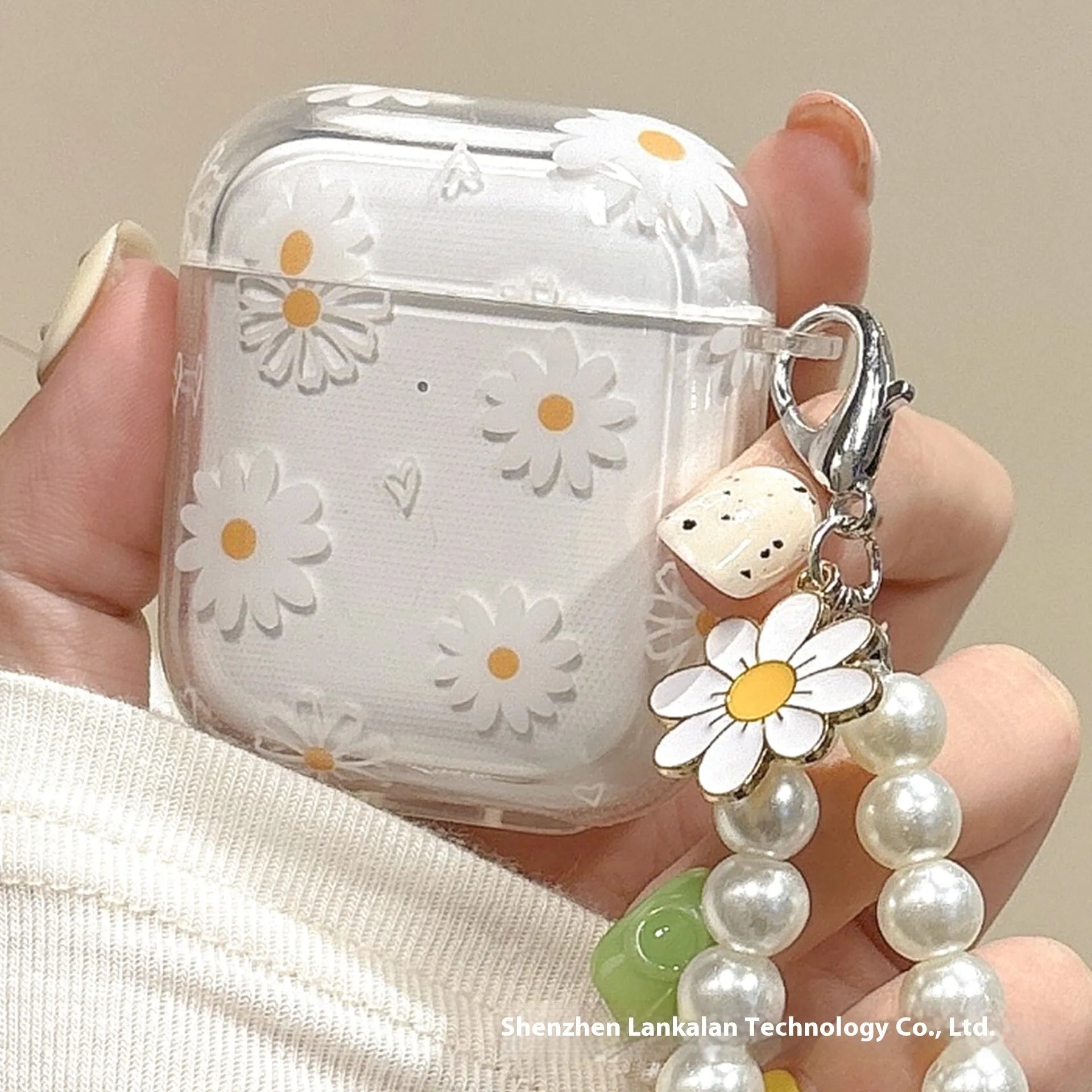 Transparent TPU Bluetooth headset protective cover with pearl pendant for Apple AirPods