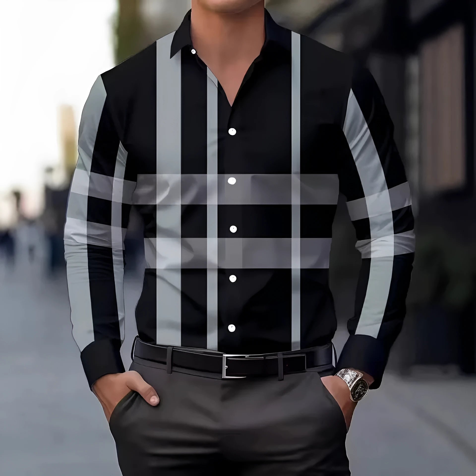 Men's striped long sleeve shirt with button lapel in black, blue, gold, or red.