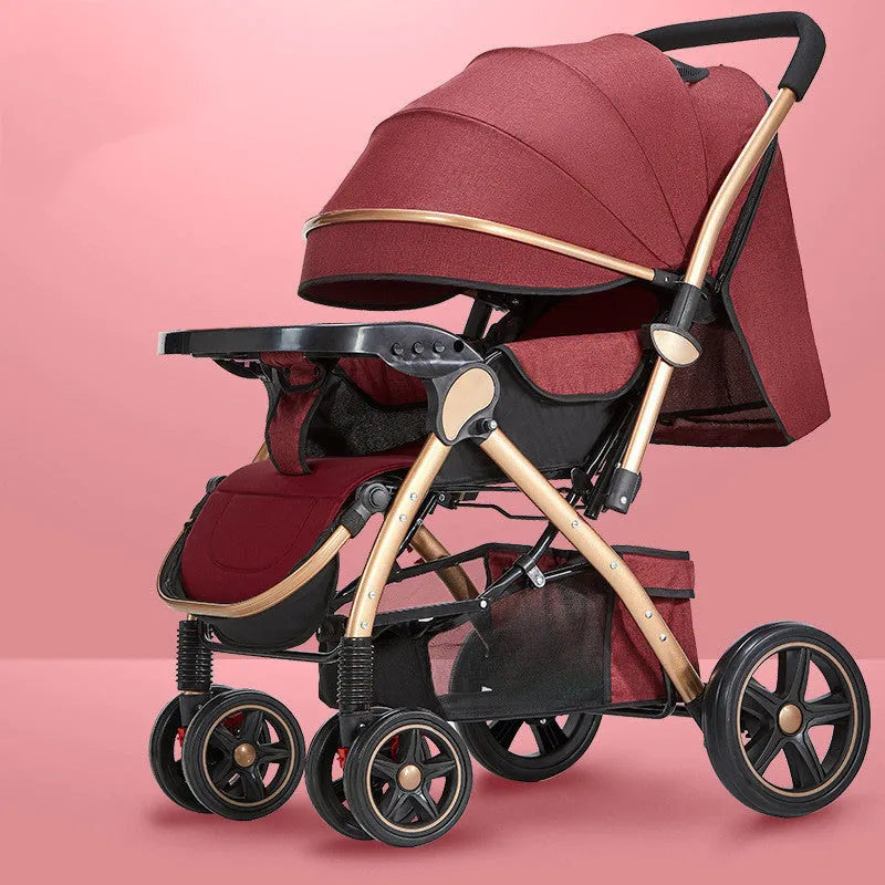 Lightweight folding reversible baby stroller with four-wheel shock absorption in multiple colour options