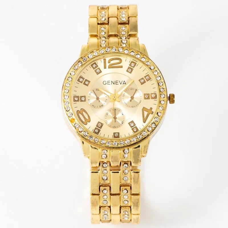 Unisex three-piece bracelet watch set in gold finish with two matching bracelets and slim 10mm watch